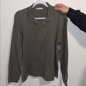 Zara Army Green Long Sleeve Polo